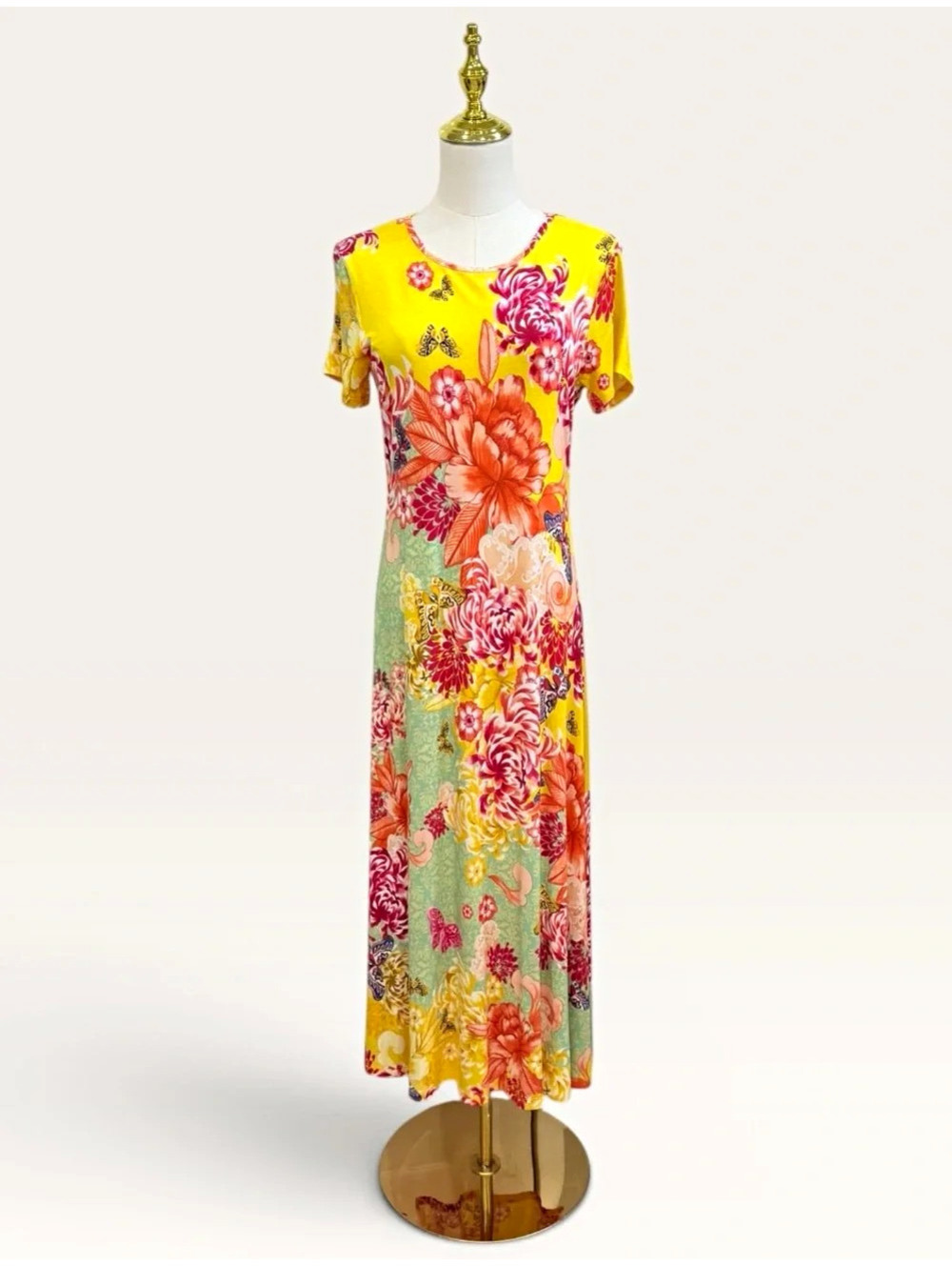 NWT Johnny Was Yellow Floral Midi Dress Round Neck Pullover XS #1086